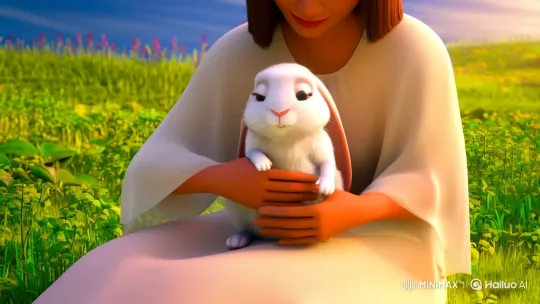 Maternal Love: Woman and Bunny in Serene Meadow – AI Generated Video | Hailuo AI