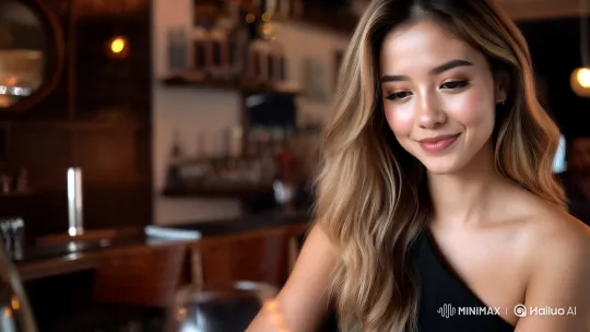 Elegant Woman Enjoying Wine in a Cozy Bar Setting – AI Generated Video | Hailuo AI