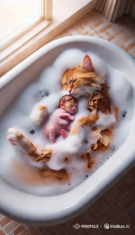 Ginger Cat Tenderly Bathes Kitten in Foamy Tub – AI Generated Video | Hailuo AI