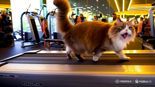 Chubby Cat Joyfully Prances on Gym Treadmill – AI Generated Video | Hailuo AI
