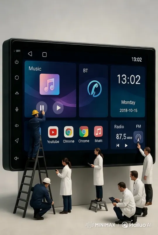 Mini Professionals Work on Giant Car Infotainment System – AI Generated Video | Hailuo AI