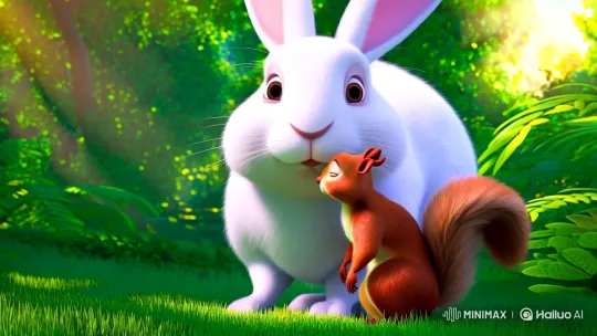 Fluffy Rabbit Embraces Squirrel in Verdant Woodland – AI Generated Video | Hailuo AI