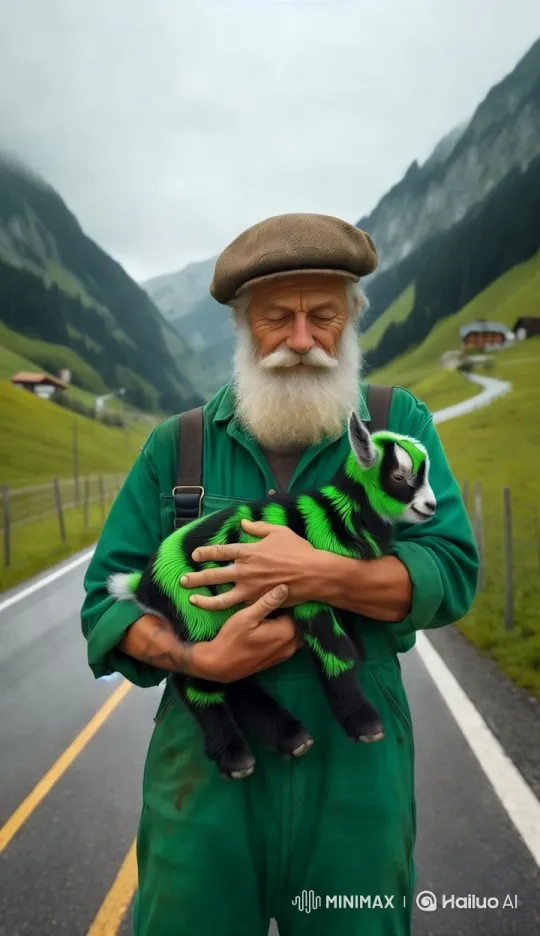 Elderly Man Strolls with Enchanted Striped Goat – AI Generated Video | Hailuo AI