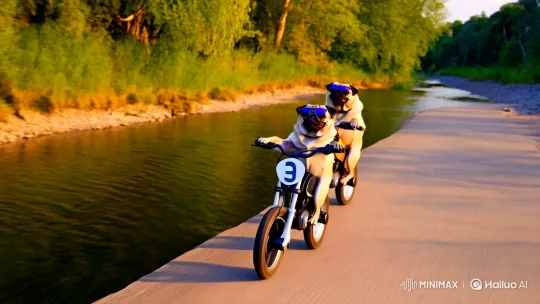 Stylish Pugs on Pit Bikes Along a Serene River – AI Generated Video | Hailuo AI