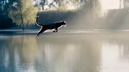 Elegant Cat Soars Gracefully in Dreamy Landscape – AI Generated Video | Hailuo AI