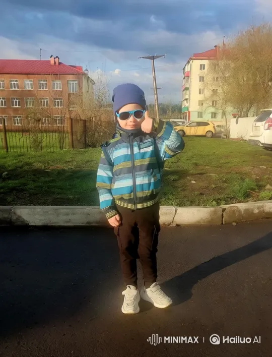 Boy in Striped Jacket Amidst Urban Landscape – AI Generated Video | Hailuo AI