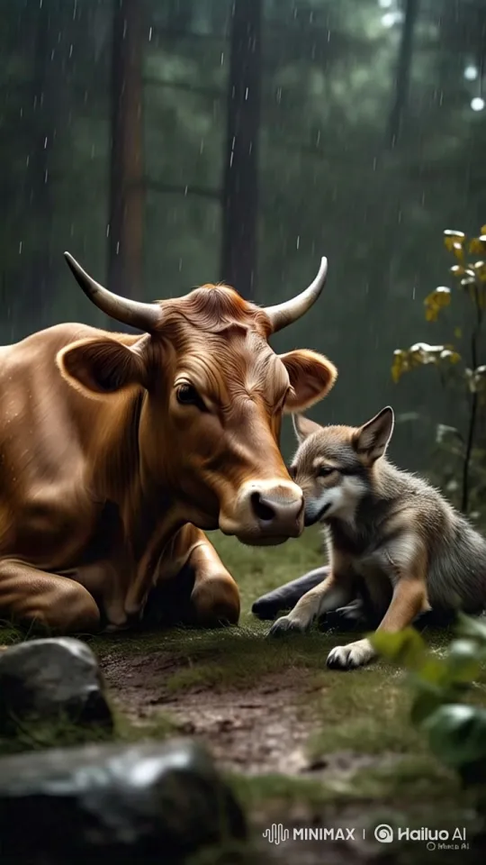 Cow Comforts Wet Wolf Pup in Serene Forest – AI Generated Video | Hailuo AI