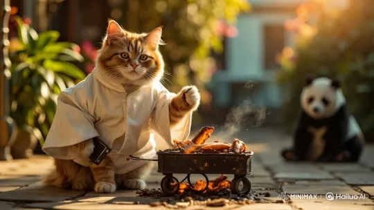 Cat in Robe Interacts with Grill in Serene Garden – AI Generated Video | Hailuo AI
