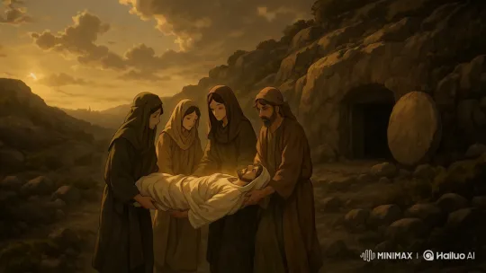 Mourners Carry Body to Rock Tomb in Sunset Reverence – AI Generated Video | Hailuo AI