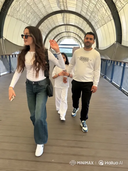 Family Walking on Modern Pedestrian Bridge – AI Generated Video | Hailuo AI