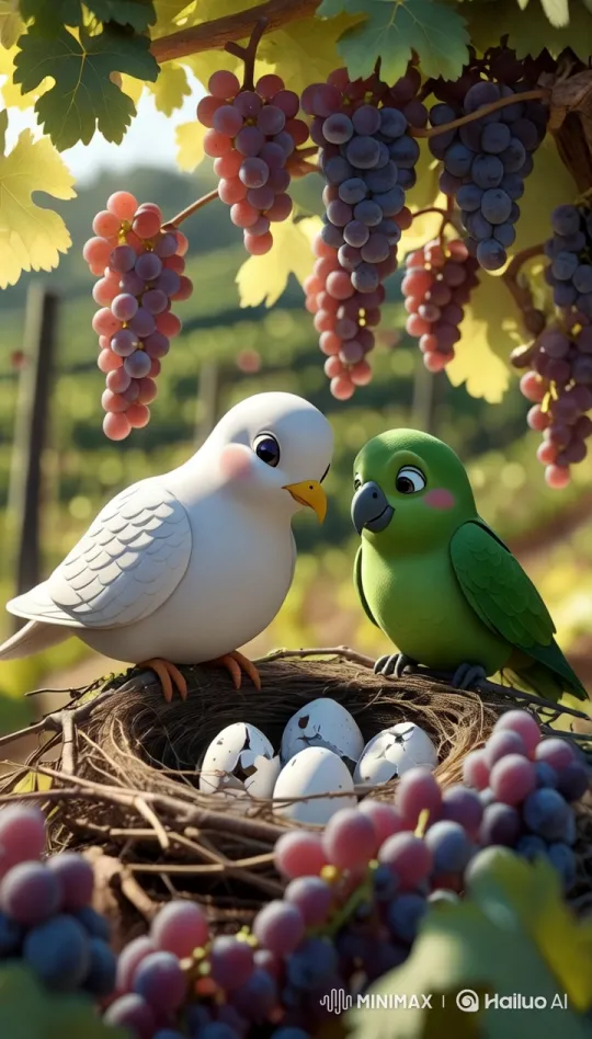 Dove and Parrot Share a Poignant Moment in Vineyard – AI Generated Video | Hailuo AI
