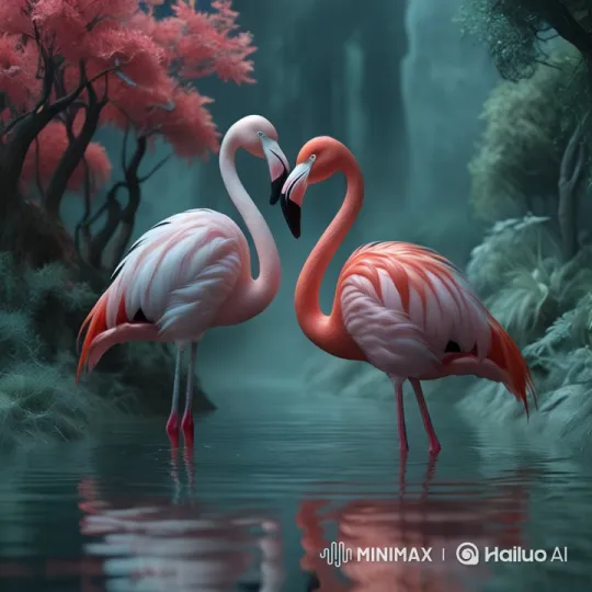 Flamingos Dancing Gracefully in Serene Forest Setting – AI Generated Video | Hailuo AI