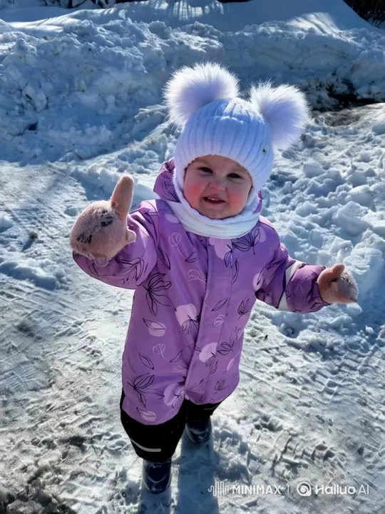 Child in Floral Winter Jacket Amidst Snowy Landscape – AI Generated Video | Hailuo AI