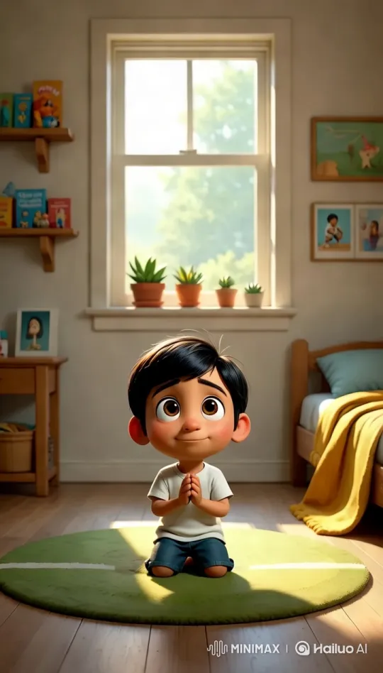 Boy in Prayer Amidst Cozy Bedroom's Warm Glow – AI Generated Video | Hailuo AI