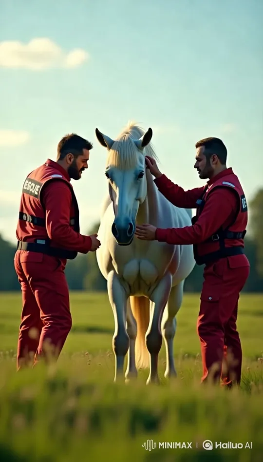 Rescue Team Calmly Assists White Horse in Pastoral Setting – AI Generated Video | Hailuo AI