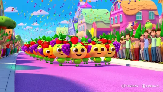 Colorful Fruit Parade in Vibrant Cartoon Animation – AI Generated Video | Hailuo AI
