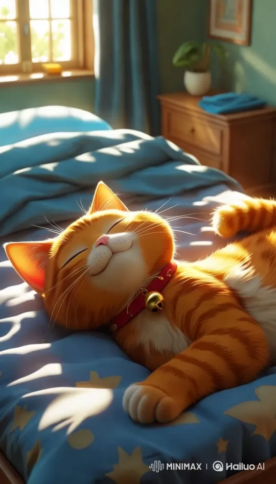 Cozy Bedroom with Awakening Ginger Cat – AI Generated Video | Hailuo AI