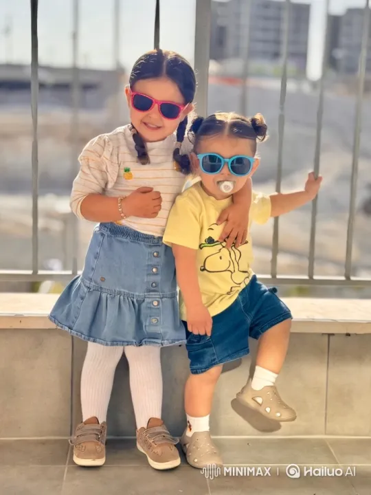 Joyful Siblings Greet from Balcony in Sunny Urban Setting – AI Generated Video | Hailuo AI