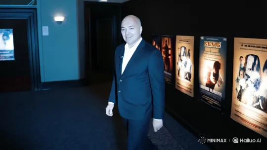 Formal Man Navigates Atmospheric Movie Theater Hallway – AI Generated Video | Hailuo AI