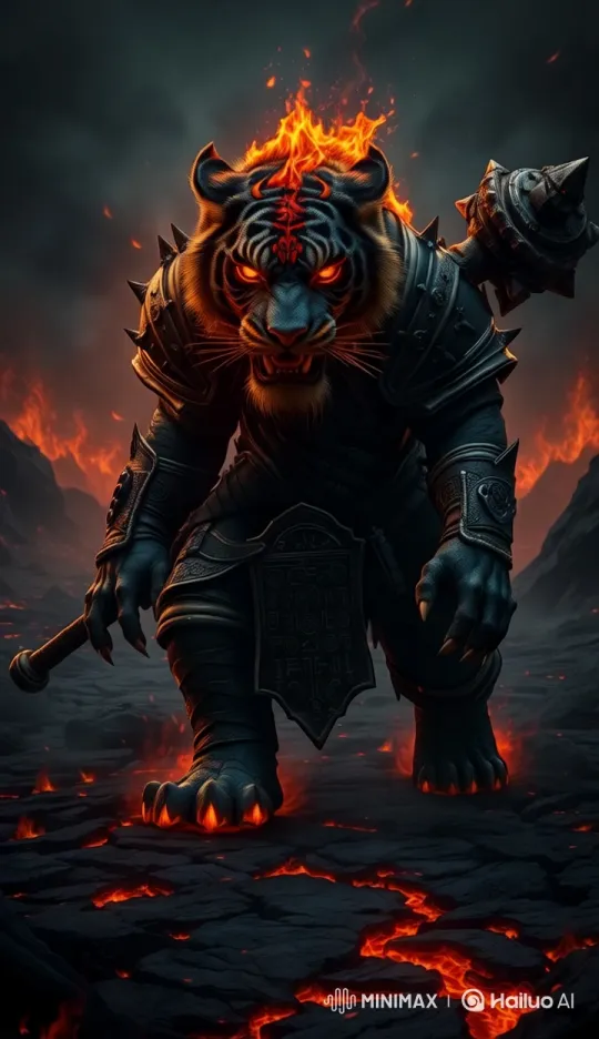 Apocalyptic Tiger Warrior in Fiery Lava Landscape – AI Generated Video | Hailuo AI