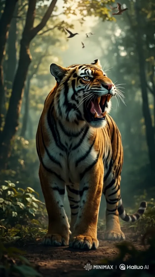 Tiger Roars Powerfully in Sunlit Forest – AI Generated Video | Hailuo AI