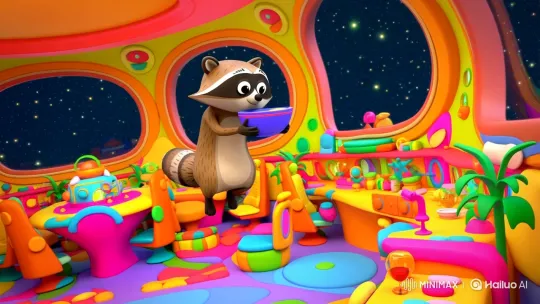 Raccoon Sips Soup in Zero-Gravity Space Station – AI Generated Video | Hailuo AI