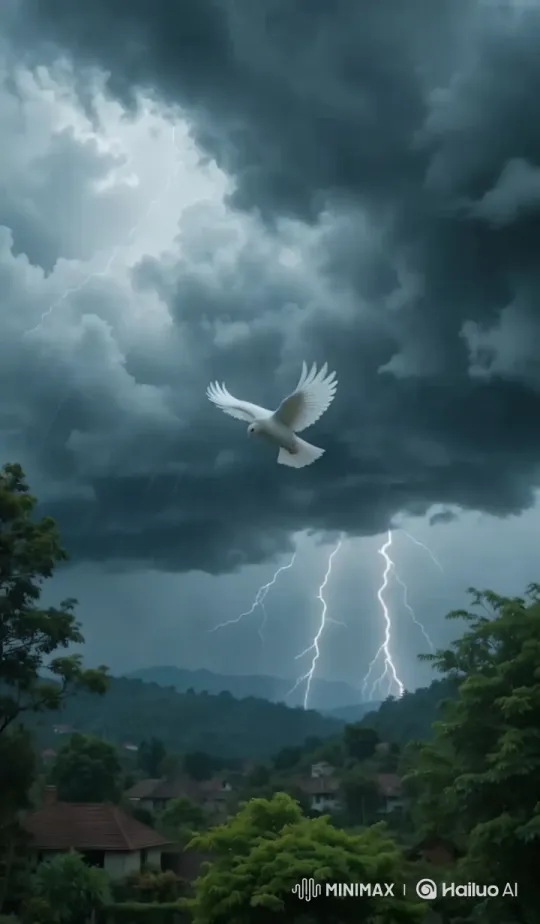 Resilient Pigeon Soars Through Dramatic Storm Over Village – AI Generated Video | Hailuo AI