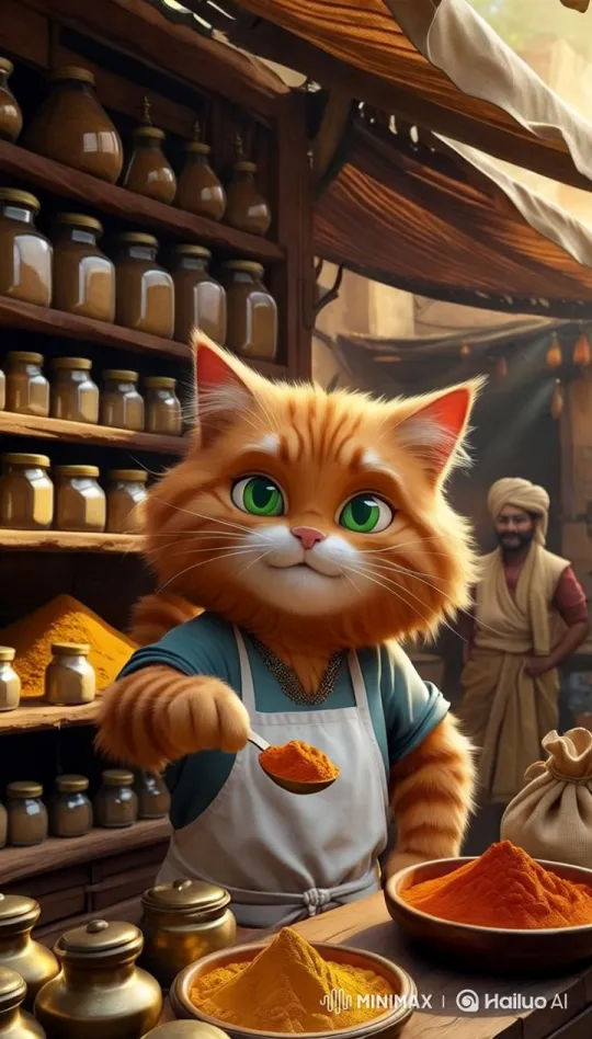 Indian Spice Market: Cat with Apron Scoops Turmeric – AI Generated Video | Hailuo AI