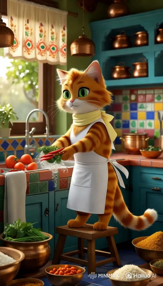 Indian Kitchen: Cat Prepares Vegetables with Grace – AI Generated Video | Hailuo AI