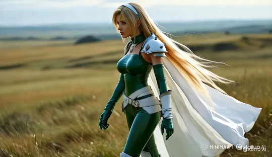 Graceful Woman in Costume Walks Through Open Grassland – AI Generated Video | Hailuo AI