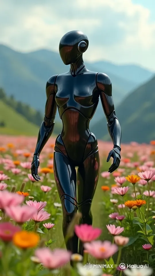 Futuristic Robot Glides Through Vibrant Flower Field – AI Generated Video | Hailuo AI