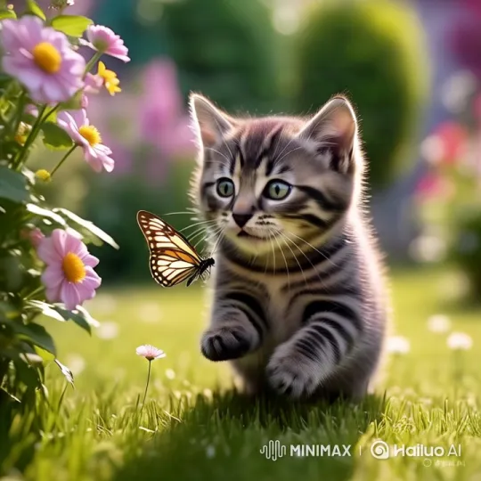 Curious Kitten Playfully Paws at Butterfly in Serene Garden – AI Generated Video | Hailuo AI