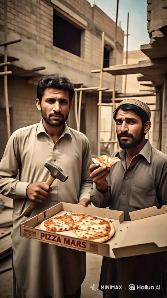 Two Men Enjoying Pizza at a Construction Site – AI Generated Video | Hailuo AI