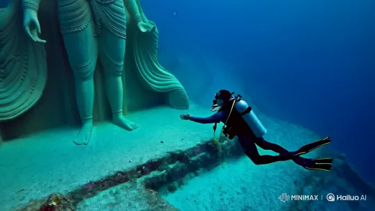 Diver Encounters Lord Shiva Statue on Ocean Floor – AI Generated Video | Hailuo AI