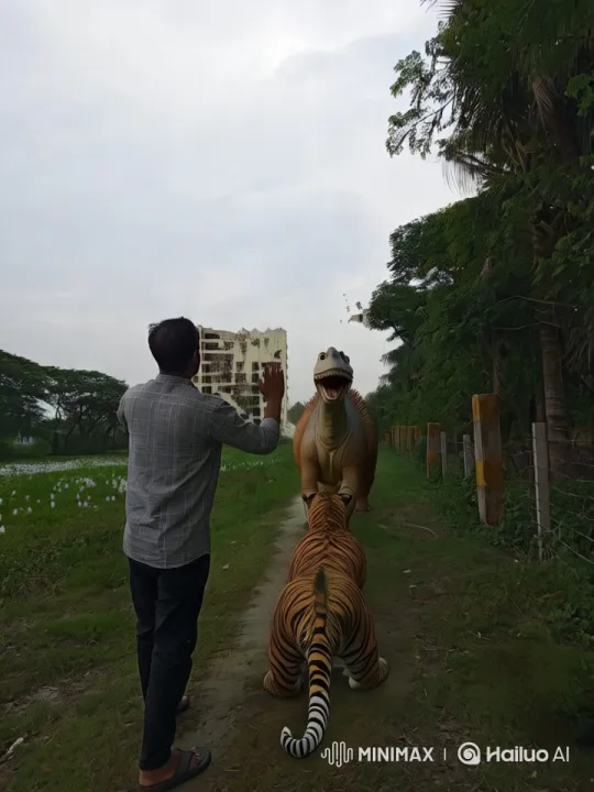 Man Confronts Tiger and Dinosaur in Wild Setting – AI Generated Video | Hailuo AI