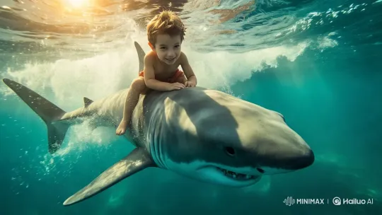 Child Rides Great White Shark in Majestic Underwater Journey – AI Generated Video | Hailuo AI