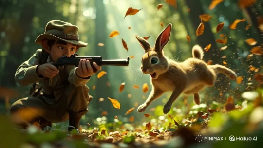 Hunter Shoots Leaping Rabbit in Forest – AI Generated Video | Hailuo AI