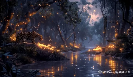 Mystical Forest: Leopard Amidst Glowing Fireflies – AI Generated Video | Hailuo AI
