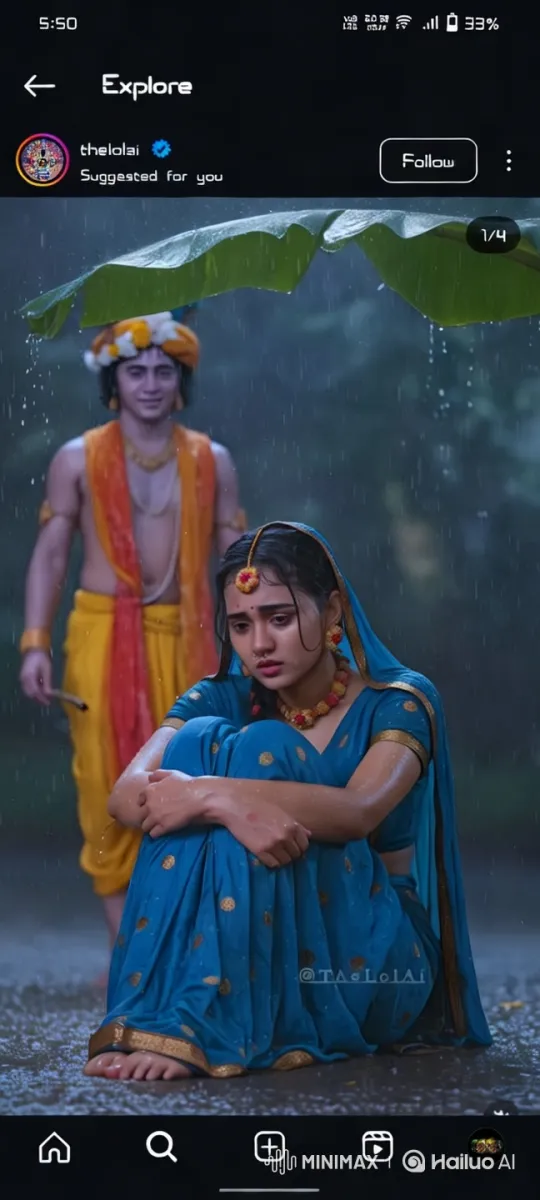 Girl in Blue Sari Amidst Rainy Serenity Embraced by Boy – AI Generated Video | Hailuo AI