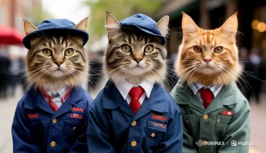 Cats in Postal Uniforms Wave Synchronously – AI Generated Video | Hailuo AI