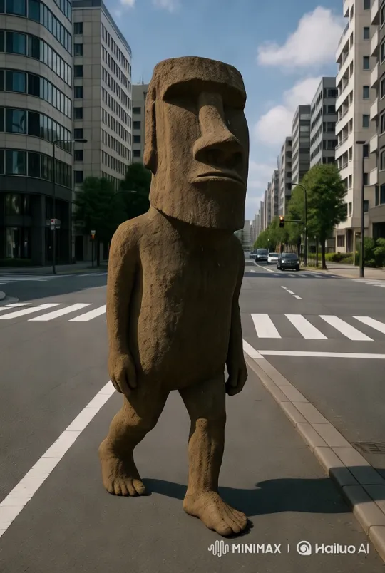 Moai Statue Walks Through Modern Cityscape – AI Generated Video | Hailuo AI