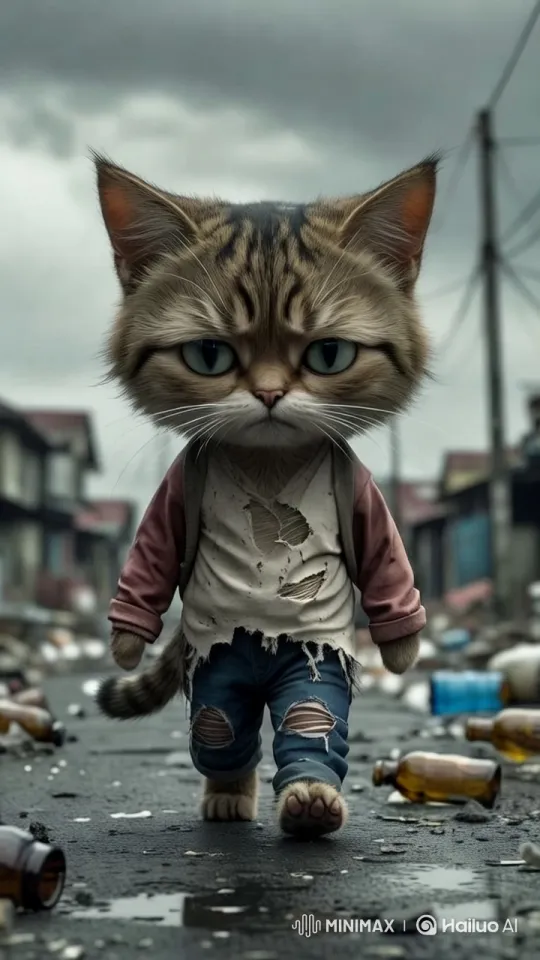 Anthropomorphic Cat Enjoying Pizza in Urban Setting – AI Generated Video | Hailuo AI