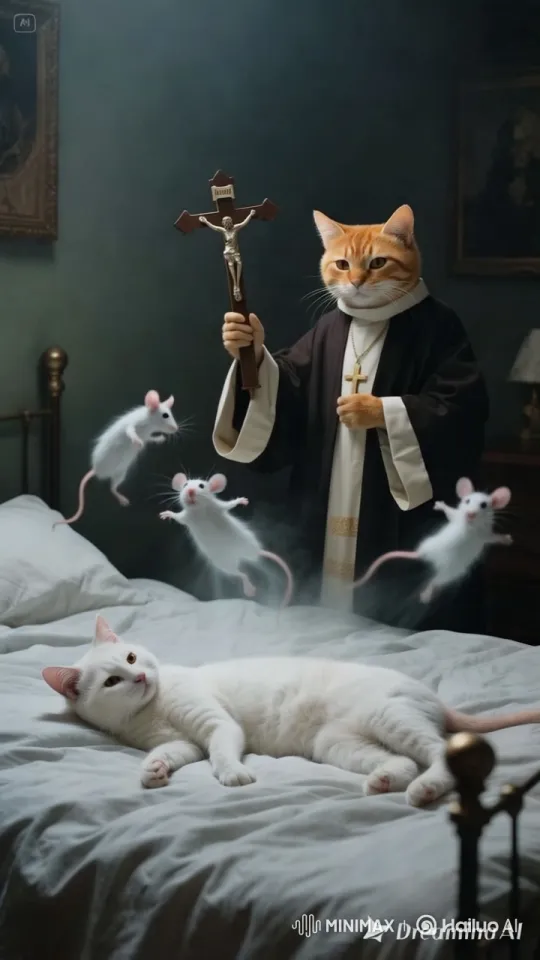 Surreal Exorcism: Priest Cat Casts Out Mice Spirits – AI Generated Video | Hailuo AI