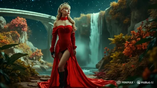 Enchanted Landscape with Red Gown and Waterfall – AI Generated Video | Hailuo AI