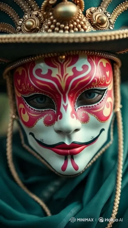 Masked Man with Ornate Headpiece in Luxurious Scene – AI Generated Video | Hailuo AI