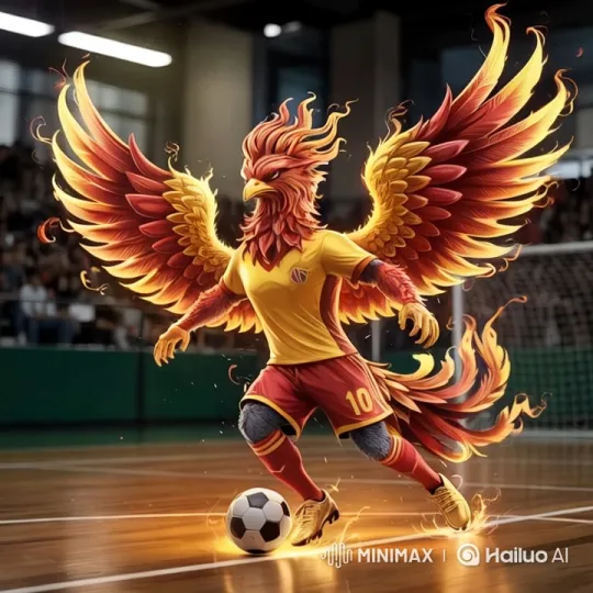 Phoenix in Futsal Jersey Plays with Fire on Court – AI Generated Video | Hailuo AI