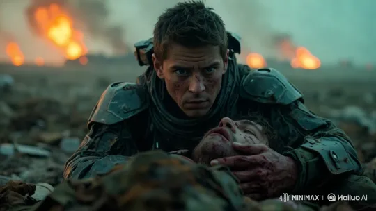 Soldier Laments Over Friend on Desolate Battlefield – AI Generated Video | Hailuo AI