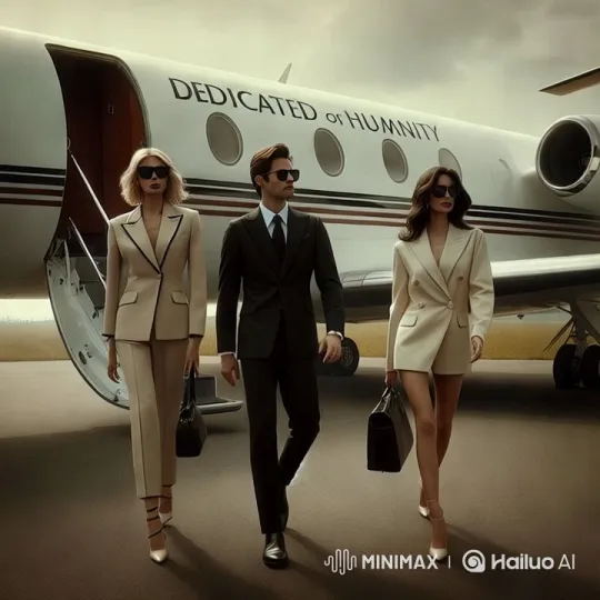 Elegant Trio Arrives in Style with Grand Private Jet Background – AI Generated Video | Hailuo AI