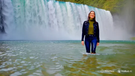 Woman in Serenity Amidst Waterfall's Splendor – AI Generated Video | Hailuo AI