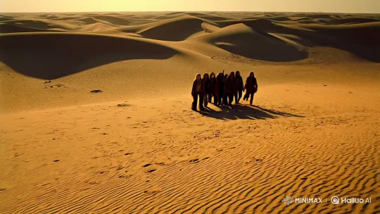 Desert Struggle: Tiny Figures in Vast Sands – AI Generated Video | Hailuo AI